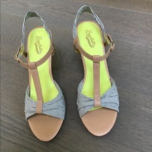 Seychelles ankles strap denim and leather heels.